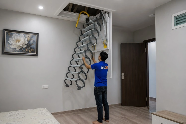 Thợ alo247 Thi công cầu thang xếp thông minh gác mái