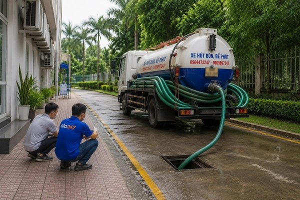Thợ alo24 thực hiện hút bể phốt cho khách hàng tại Hồng Hà
