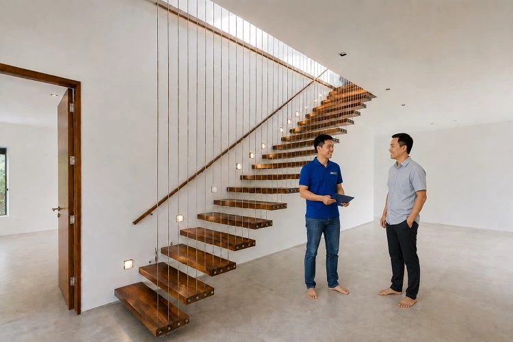 Thợ alo247 bàn giao cầu thang bay bậc gỗ sau thi công