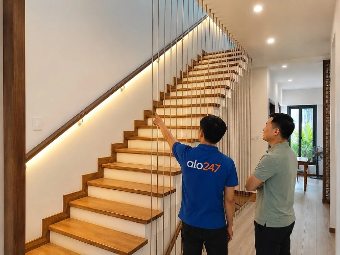 Thợ alo247 bàn giao cầu thang cáp treo sau khi cải tạo và nâng cấp