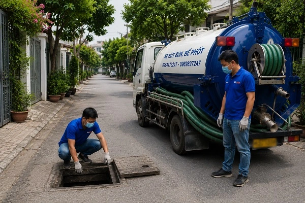 Thợ alo247 đang chuẩn bị để hút chất thải.