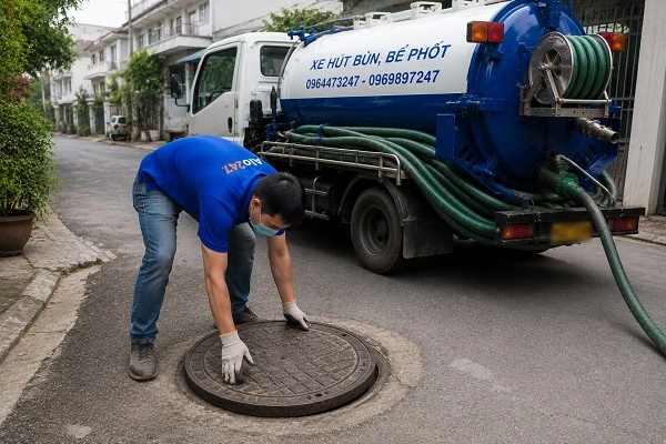 Thợ alo247 đang chuẩn bị đưa ống xuống bể phốt để hút chất thải tại Phương Liệt