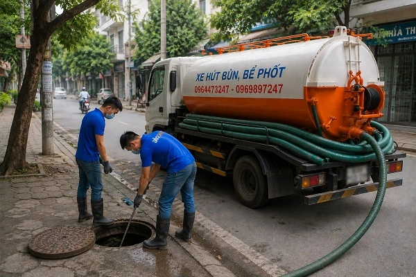 Thợ alo247 đang chuẩn bị đưa ống xuống bể phốt để hút chất thải tại Yên Sở