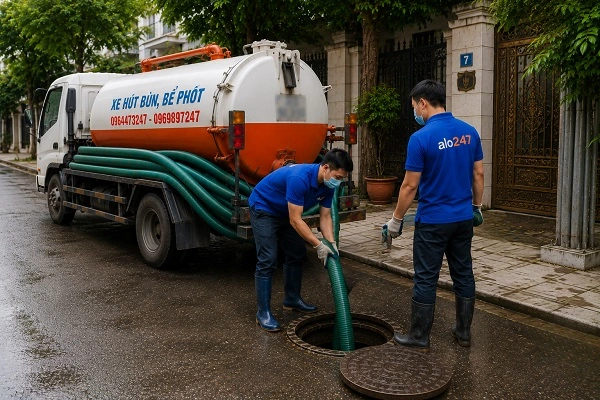Thợ alo247 đang đưa ống hút xuống bể phốt để hút chất thải tại Chương Dương