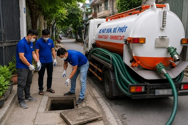 Thợ alo247 đang đưa ống xuống bể phốt để hút chất thải tại Tây Tựu