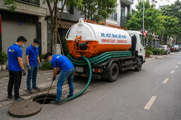 Thợ alo247 đang đưa ống xuống bể phốt để hút chất thải tại Vĩnh Hưng