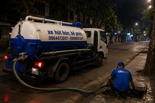 Thợ alo247 đang đưa ống xuống bể phốt để hút chất thải tại Yên Hoà