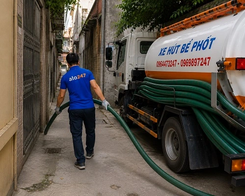 Thợ alo247 đang kéo ống để hút chất thải bể phốt trong ngõ tại Đại Mỗ