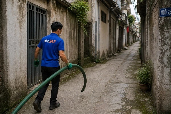 Thợ alo247 đang kéo ống thi công hút bể phốt trọn gói tại Xuân Phương