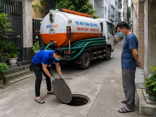 Thợ alo247 đang kiểm tra bể phốt trước khi hút chất thải tại Trần Phú