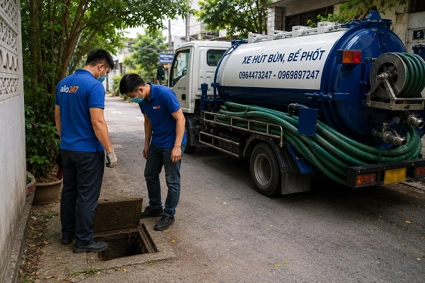 Thợ alo247 đang kiểm tra để chuẩn hạ ống hút chất thải bể phốt