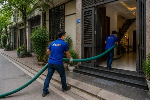 Thợ alo247 đang lắp đặt ống để hút bể phốt tại Nam Phù
