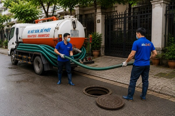 Thợ alo247 đang nối ống để chuẩn bị hút bể phốt tại Thượng Phúc