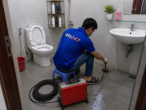 Thợ alo247 đang sử dụng máy lò xo để thông tắc cống sàn nhà vệ sinh tại Bồ Đề