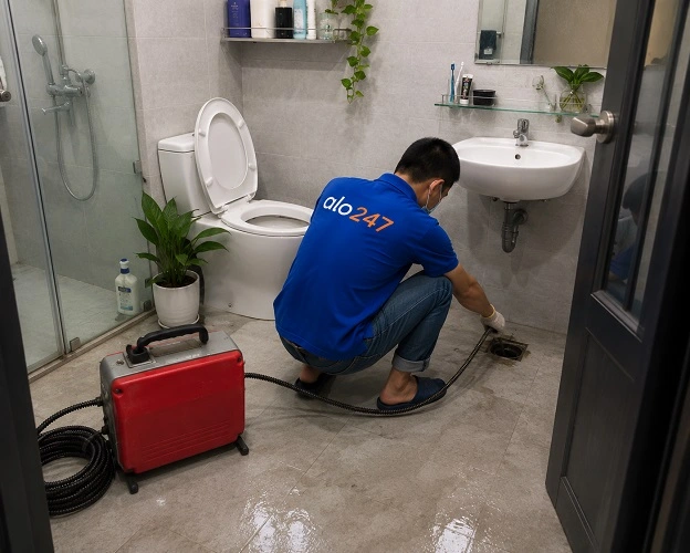 Thợ alo247 đang sử dụng máy lò xo để thông tắc cống sàn nhà vệ sinh tại Đại Mỗ