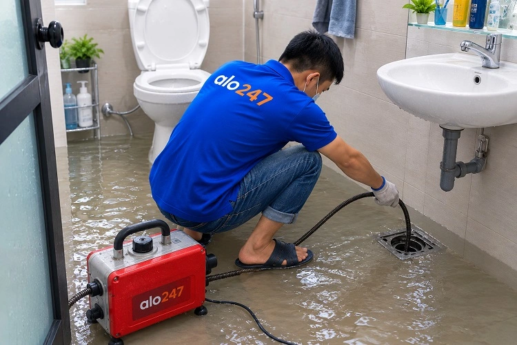 Thợ alo247 đang sử dụng máy lò xo để thông tắc cống sàn nhà vệ sinh tại Định Công