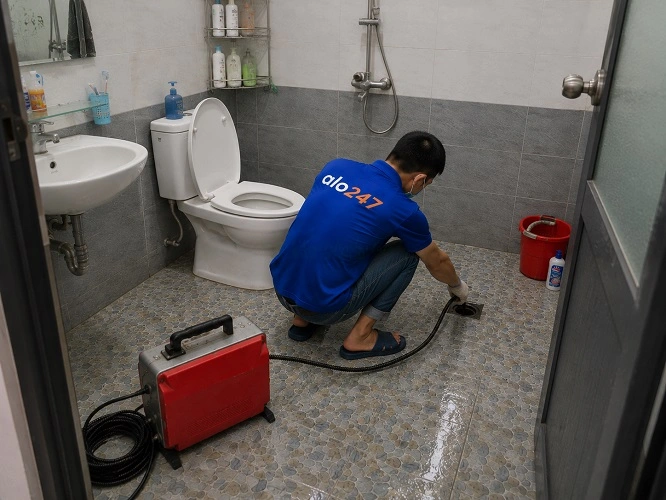 Thợ alo247 đang sử dụng máy lò xo để thông tắc cống sàn nhà vệ sinh tại Dương Nội