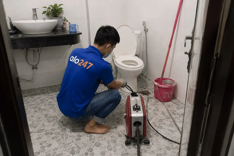 Thợ alo247 đang sử dụng máy lò xo để thông tắc cống sàn nhà vệ sinh tại Hoàng Liệt