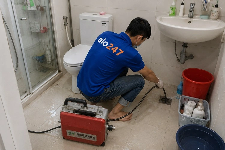Thợ alo247 đang sử dụng máy lò xo để thông tắc cống sàn nhà vệ sinh tại Hồng Hà