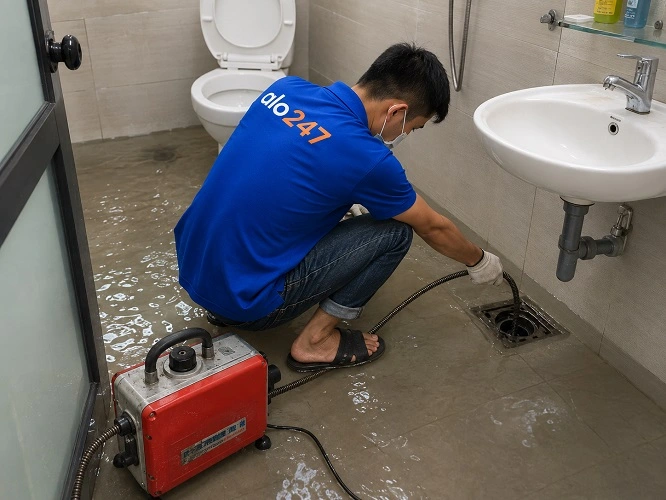 Thợ alo247 đang sử dụng máy lò xo để thông tắc cống sàn nhà vệ sinh tại Nghĩa Đô