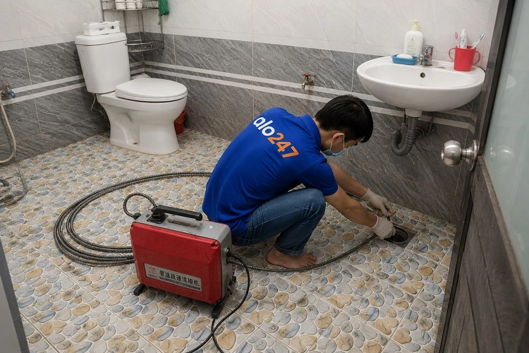 Thợ alo247 đang sử dụng máy lò xo để thông tắc cống sàn nhà vệ sinh tại Tương Mai