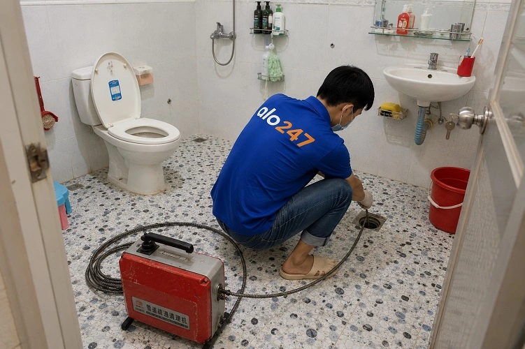 Thợ alo247 đang sử dụng máy lò xo để thông tắc cống sàn nhà vệ sinh tại Văn Miếu