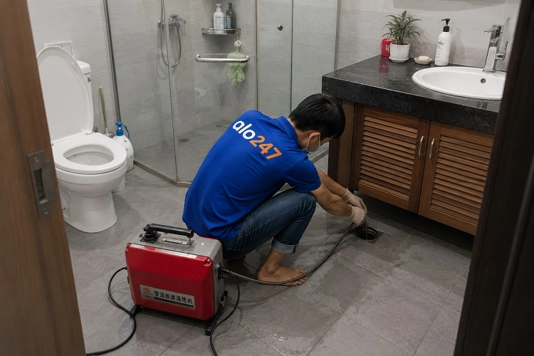 Thợ alo247 đang sử dụng máy lò xo để thông tắc cống sàn nhà vệ sinh tại Vĩnh Hưng