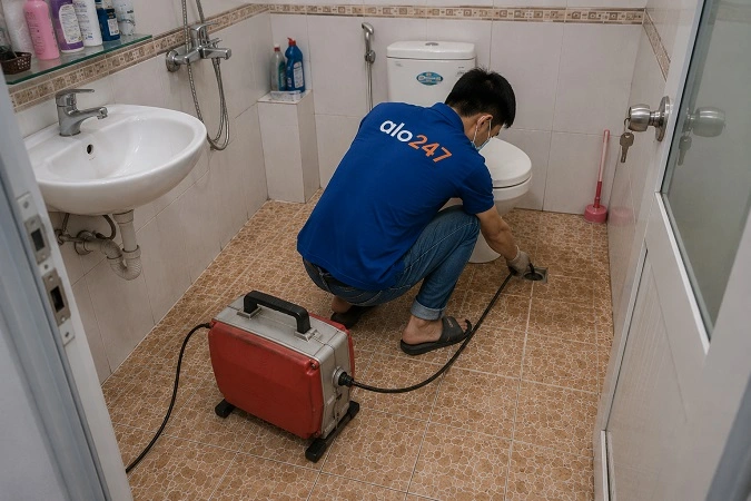 Thợ alo247 đang sử dụng máy lò xo để thông tắc cống sàn nhà vệ sinh tại Yên Hoà