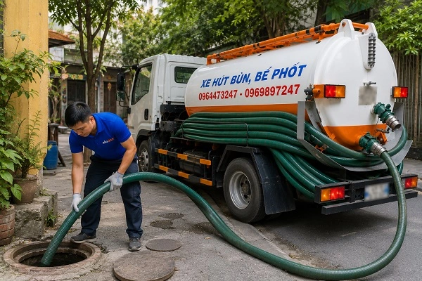 Thợ alo247 đang thi công hút bể phốt tại Đại Mỗ