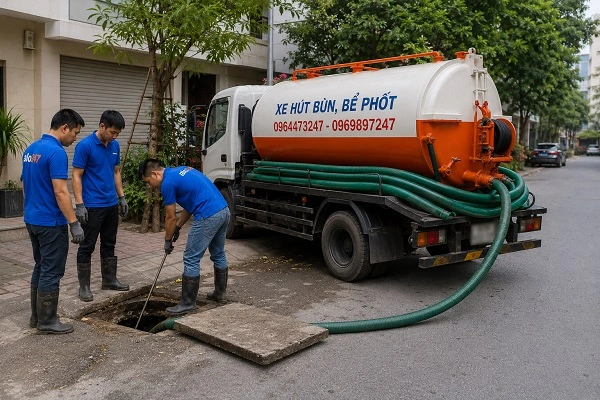 Thợ alo247 đang thi công hút bể phốt tại Định Công