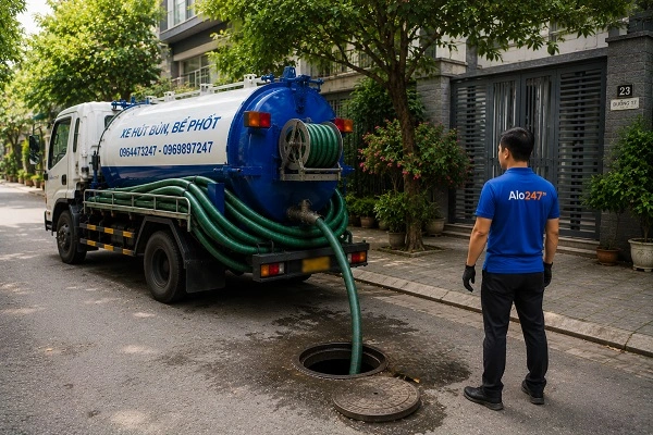 Thợ alo247 đang thi công hút bể phốt tại Phú Thượng