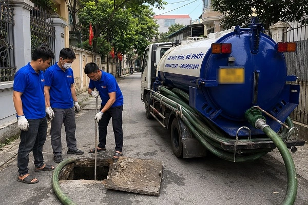 Thợ alo247 đang thi công hút bể phốt tại Phương Liệt