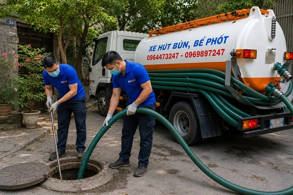 Thợ alo247 đang thi công hút bể phốt tại Tây Mỗ