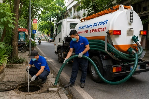 Thợ alo247 đang thi công hút bể phốt tại Từ Liêm