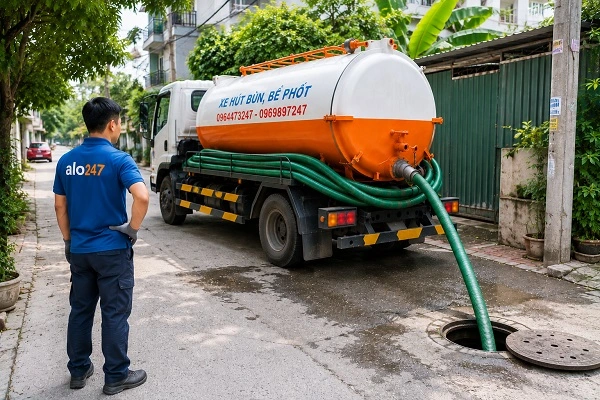 Thợ alo247 đang thi công hút chất thải bể phốt tại Đông Ngạc