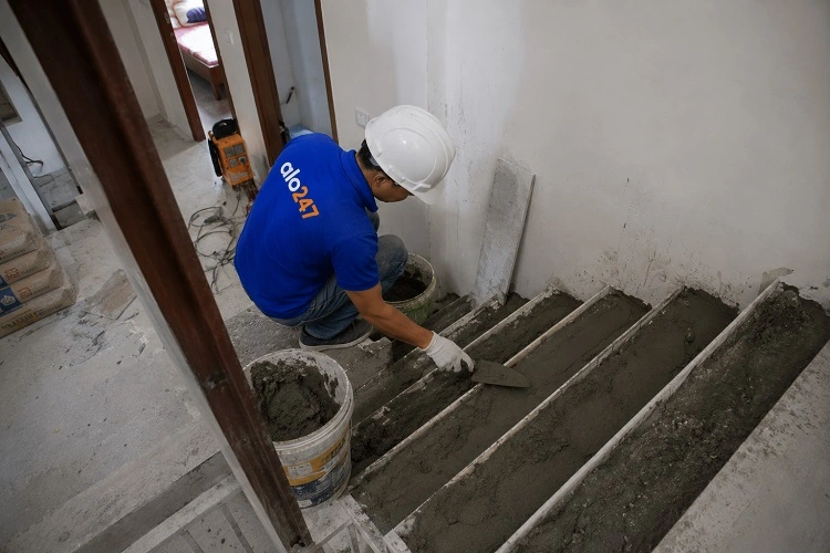Thợ alo247 đang thi công thay thế mặt bậc theo thiết kế mới