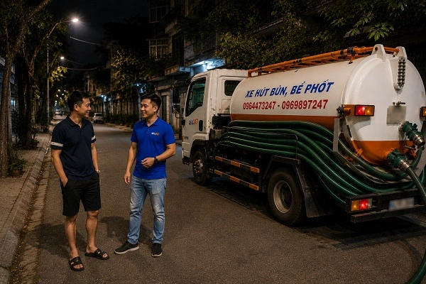 Thợ alo247 đang tư vấn dịch vụ hút bể phốt cho khách hàng tại Tây Tựu