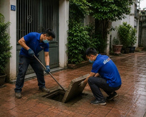 Thợ alo247 đang xử lý bể phốt để chuẩn bị để hút chất thải tại Tây Mỗ
