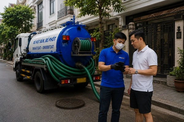 Thợ alo247 giải thích phương án hút bể phốt cho khách hàng tại Tam Hưng