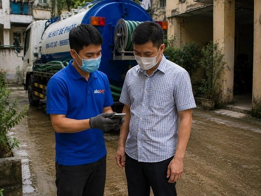 Thợ alo247 giải thích quy trình hút bể phốt bằng xe chân không cho khách hàng tại Bất Bạt
