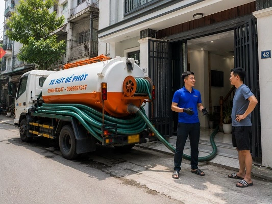 Thợ alo247 giải thích quy trình hút bể phốt bằng xe chân không cho khách hàng tại Bình Minh