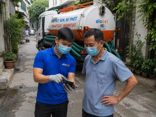 Thợ alo247 giải thích quy trình hút bể phốt bằng xe chân không cho khách hàng tại Cổ Đô