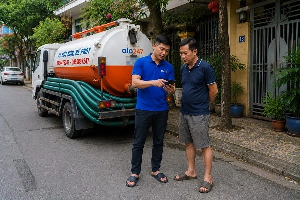 Thợ alo247 giải thích quy trình hút bể phốt bằng xe chân không cho khách hàng tại Minh Châu