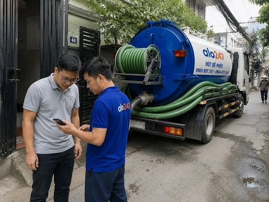 Thợ alo247 giải thích quy trình hút bể phốt bằng xe chân không cho khách hàng tại Trung Giã