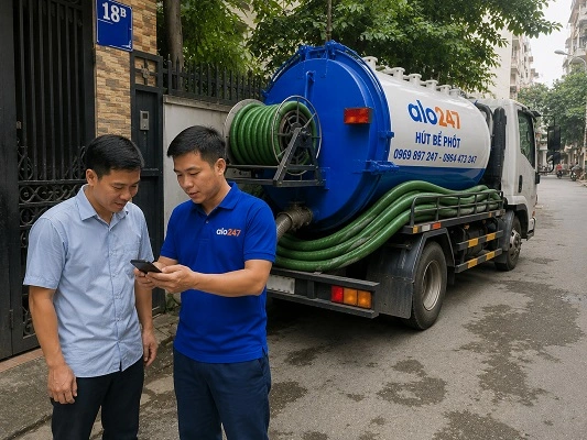 Thợ alo247 giải thích quy trình hút bể phốt bằng xe chân không cho khách hàng tại Vĩnh Thanh
