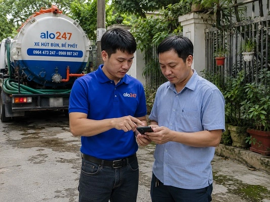 Thợ alo247 giải thích quy trình hút bể phốt bằng xe chân không cho khách hàng tại Yên Lãng