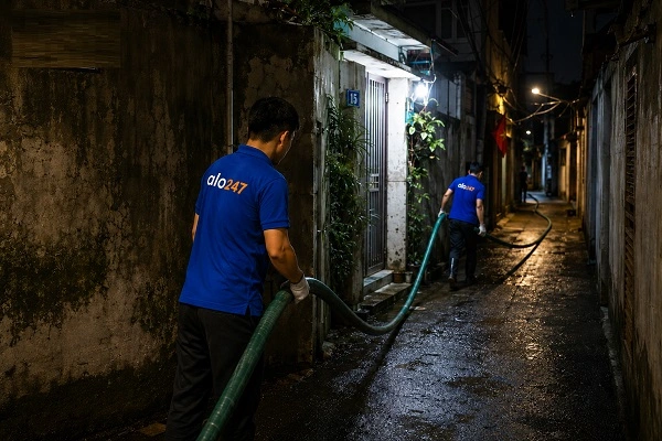 Thợ alo247 kéo ống để thực hiện hút bể phốt trong ngõ tại Nghĩa Đô