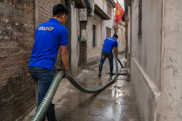 Thợ alo247 kéo ống để thực hiện hút bể phốt trong ngõ tại Văn Miếu Quốc Tử Giám