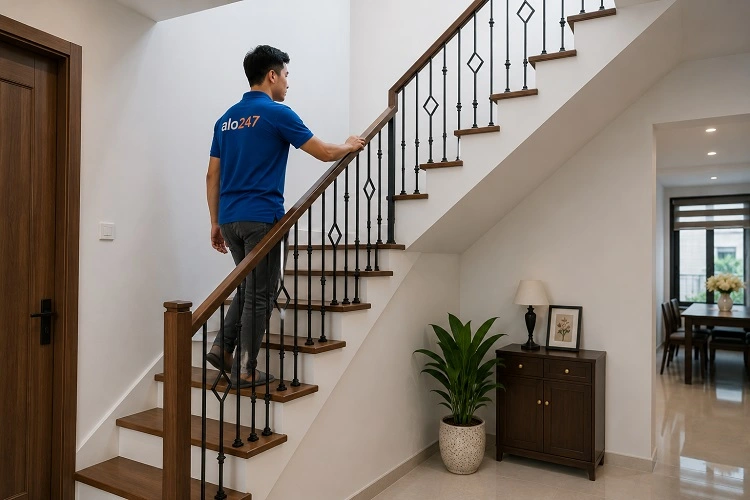 Thợ alo247 kiểm tra trước khi bàn giao cầu thang hoàn thiện