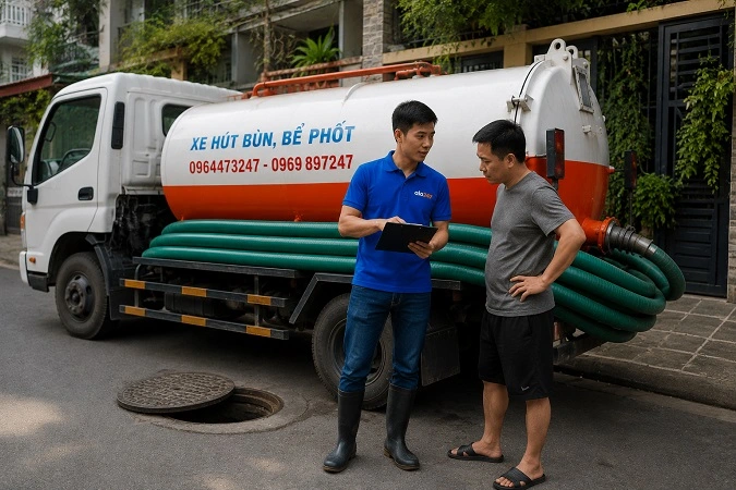 Thợ alo247 kiểm tra và tư vấn phương án hút bể phốt cho khách hàng tại Bạch Mai